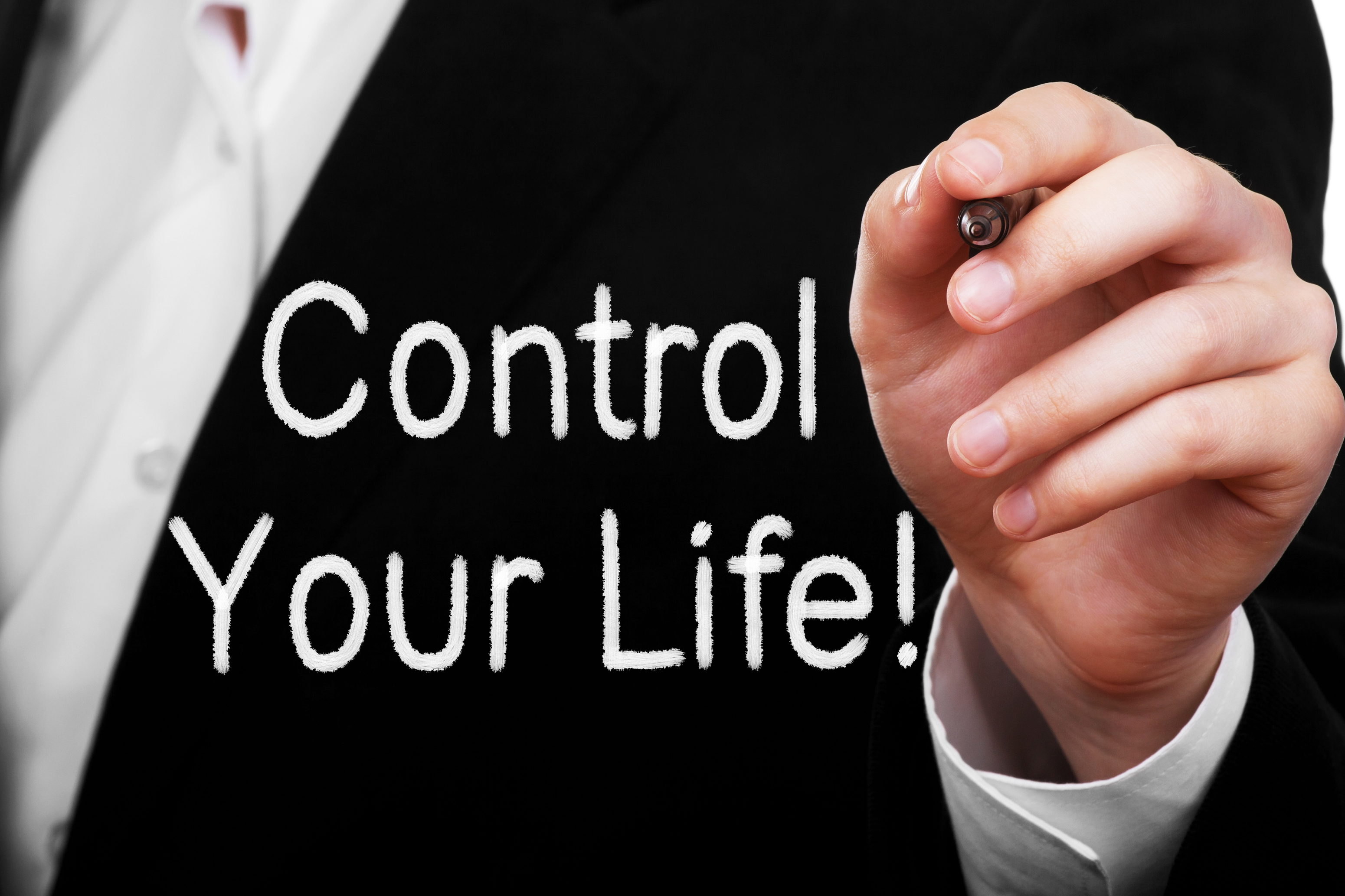 Background image of suit coat with words reading Control Your Life