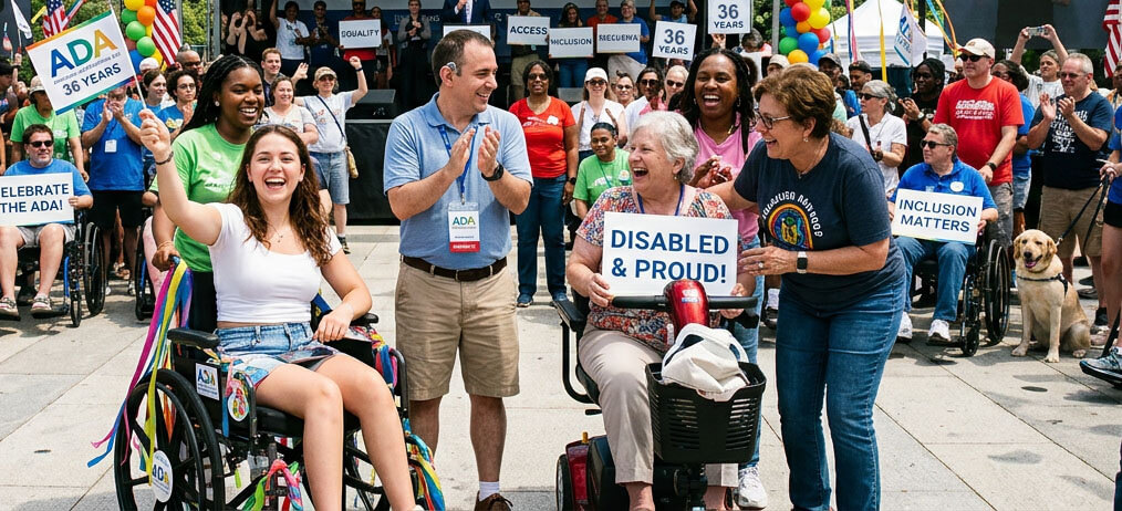A large outdoor gathering celebrates the Americans with Disabilities Act (ADA). In the foreground, a person in a decorated wheelchair raises a hand while surrounded by supporters. Nearby, a person using a mobility scooter holds a sign reading “Disabled & 