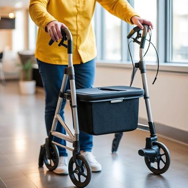 A person using a roller/walker with four wheels and a front storage compartment in a bright indoor space. The walker features hand brakes and provides mobility support