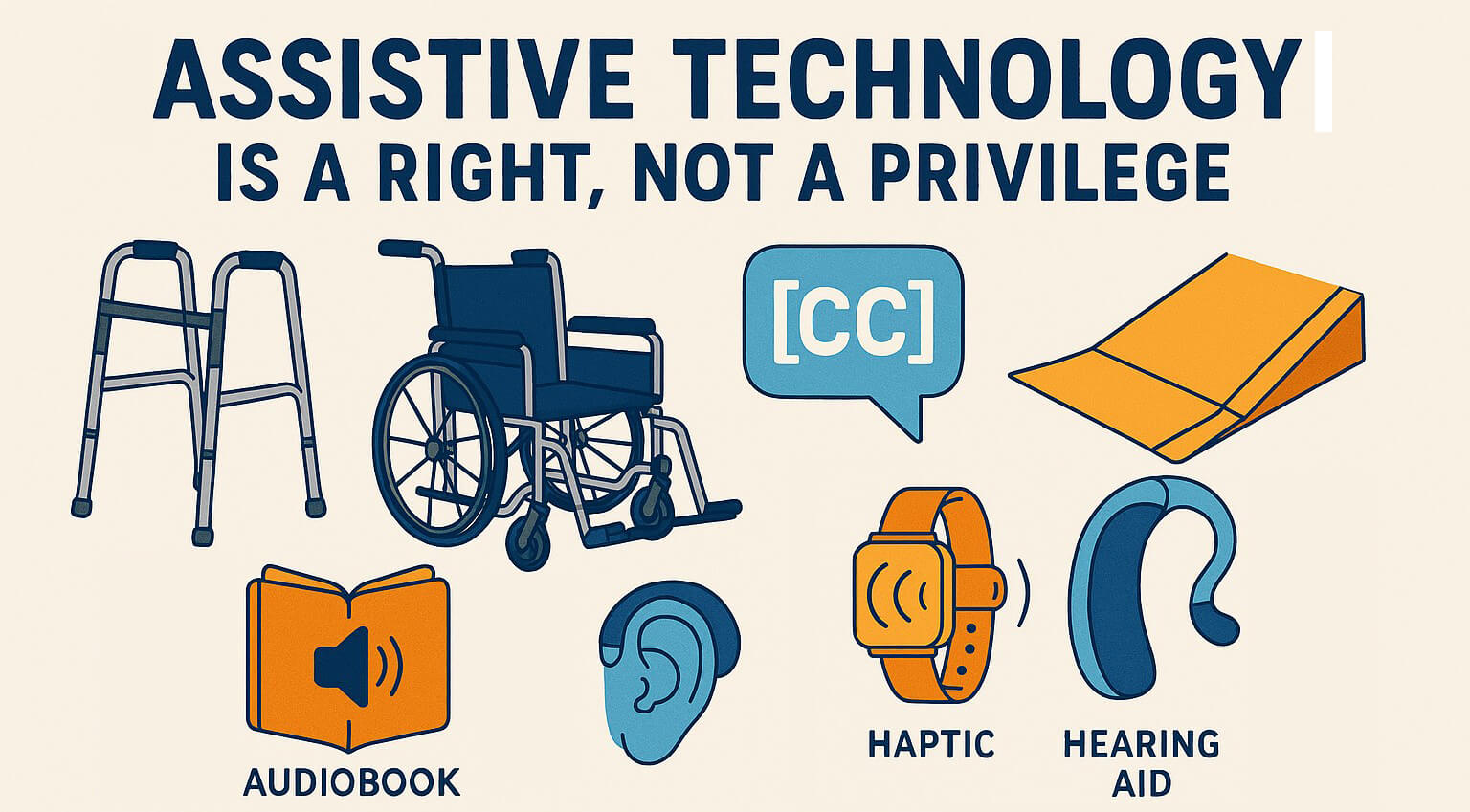 Illustration featuring various assistive technologies with the message 'Assistive Technology Is a Right, Not a Privilege.' Depicted devices include a walker, wheelchair, closed captioning symbol, audiobook icon, hearing aid, haptic wristband, and a ramp