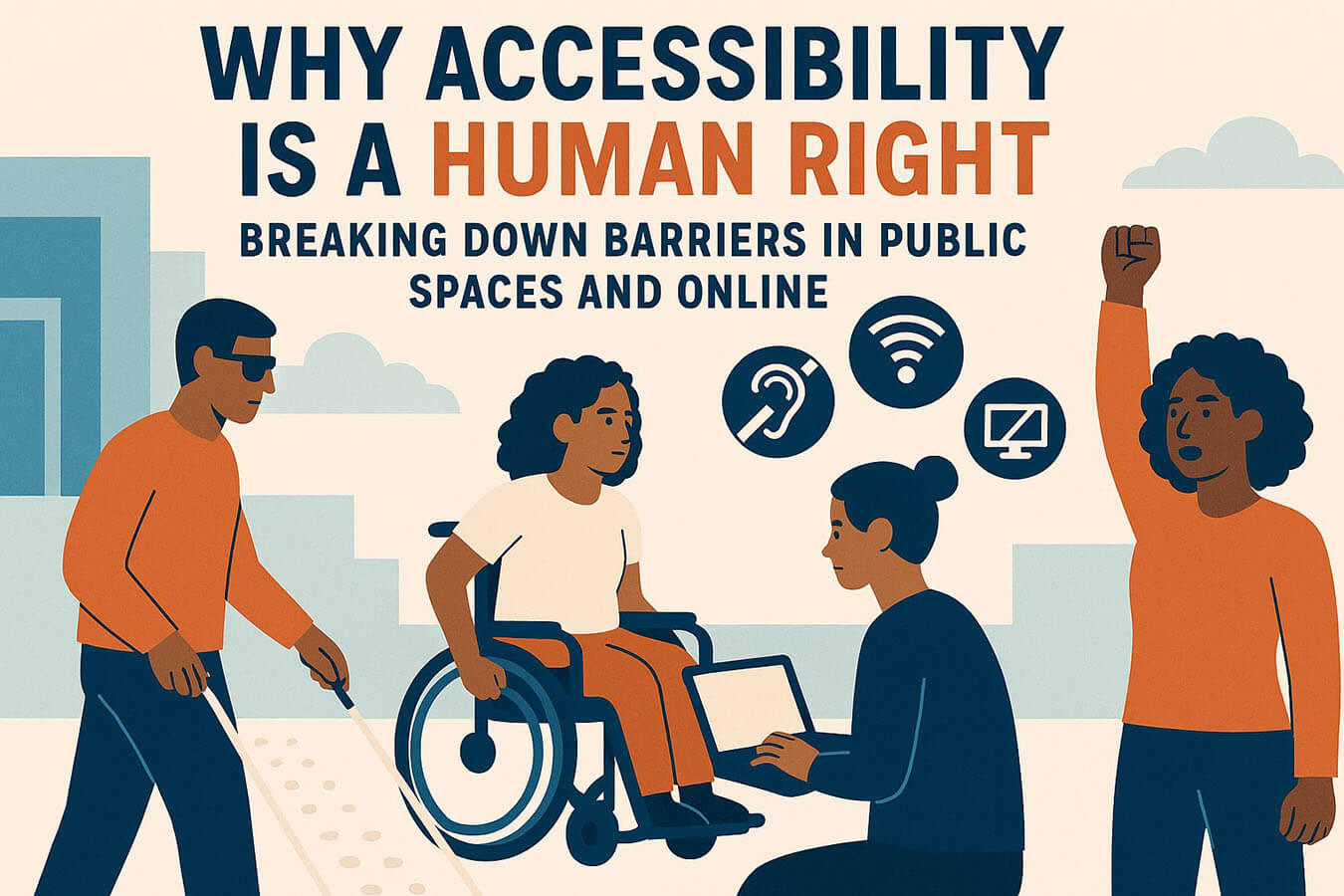 Illustration promoting accessibility as a human right. The image shows diverse individuals engaging in inclusive activities: one person using a wheelchair, another using a white cane, and another interacting with a laptop. Icons representing hearing acces