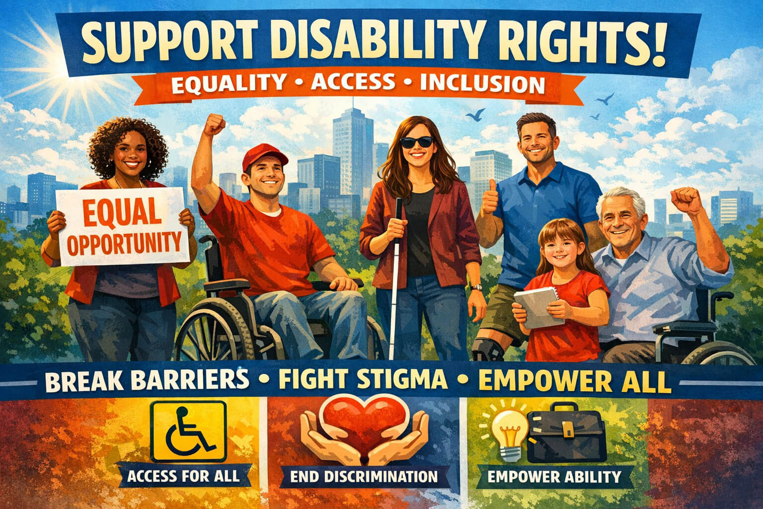 Advocacy Illustration of a diverse group of people with disabilities holding advocacy signs in front of a city skyline, promoting messages of equality, access, and inclusion. Banners highlight “Support Disability Rights,” “Equal Opportunity,” and icons en