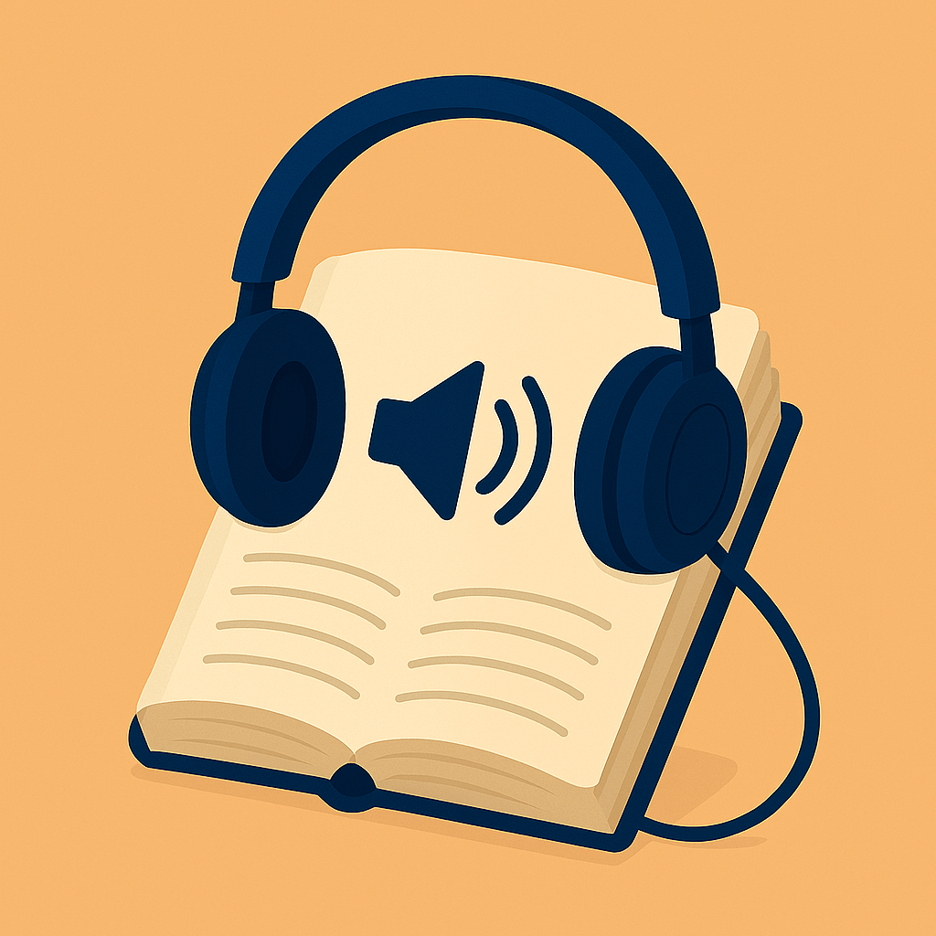 An illustration of an open book with headphones resting on top, featuring a speaker icon with sound waves on the pages. Set against a light orange background, the image symbolizes audiobooks and accessible reading through audio.
