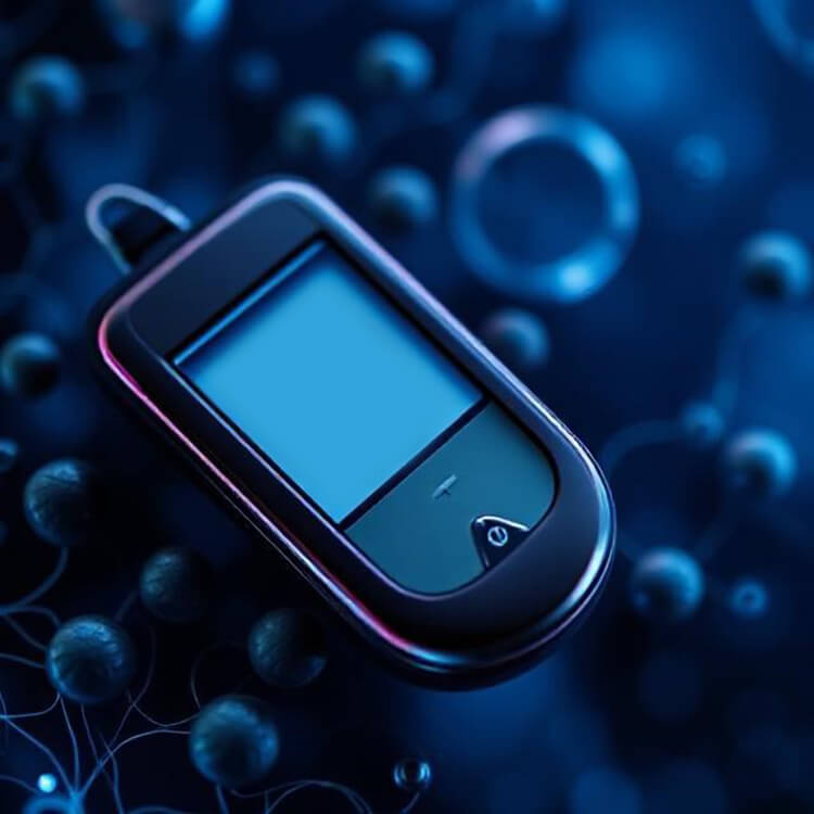 The image shows a digital blood glucose meter, a device commonly used for monitoring blood sugar levels in individuals with diabetes. The meter has a sleek, modern design with a rectangular screen that appears blank or inactive in this shot. Below the scr