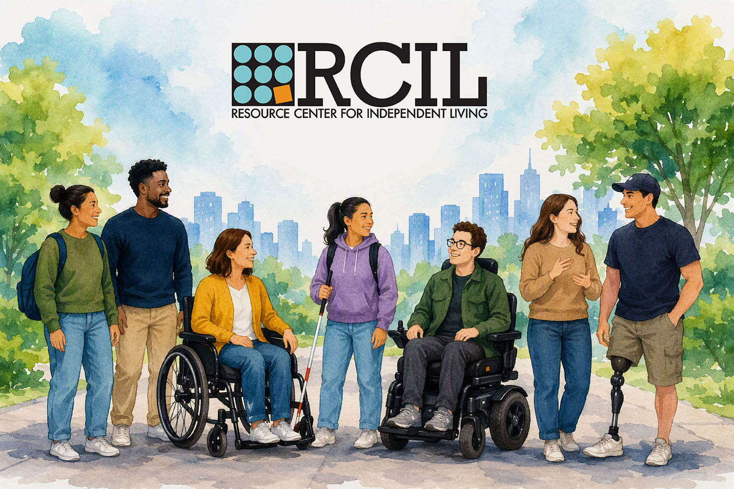 Illustration featuring the RCIL (Resource Center for Independent Living) logo above a diverse group of community members gathered in a park setting with a city skyline in the background. The group includes people with various disabilities, including indiv