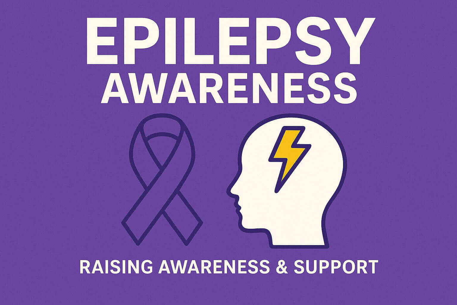A purple background graphic promoting epilepsy awareness. At the top, large white text reads “Epilepsy Awareness.” Below, there is a purple awareness ribbon on the left and an outline of a human head on the right with a yellow lightning bolt inside, symbo