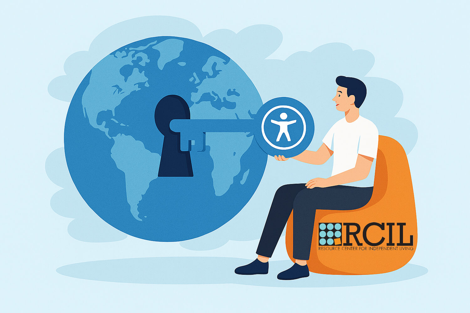 Person seated on an orange chair labeled “RCIL Resource Center for Independent Living,” holding a large key with an accessibility symbol, positioned toward a globe with a keyhole, symbolizing global access and inclusion for people with disabilities.
