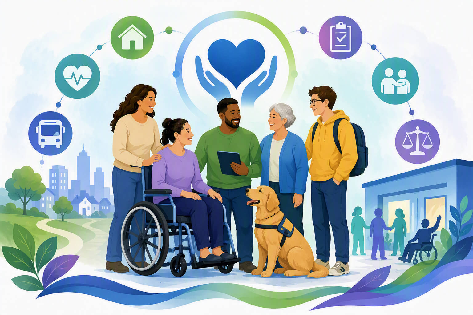 Illustration of a diverse community support network centered on accessibility and inclusion. A group of people, including a wheelchair user, an older adult, a student with a backpack, and a service dog, stand together beneath a heart held by two hands. Su