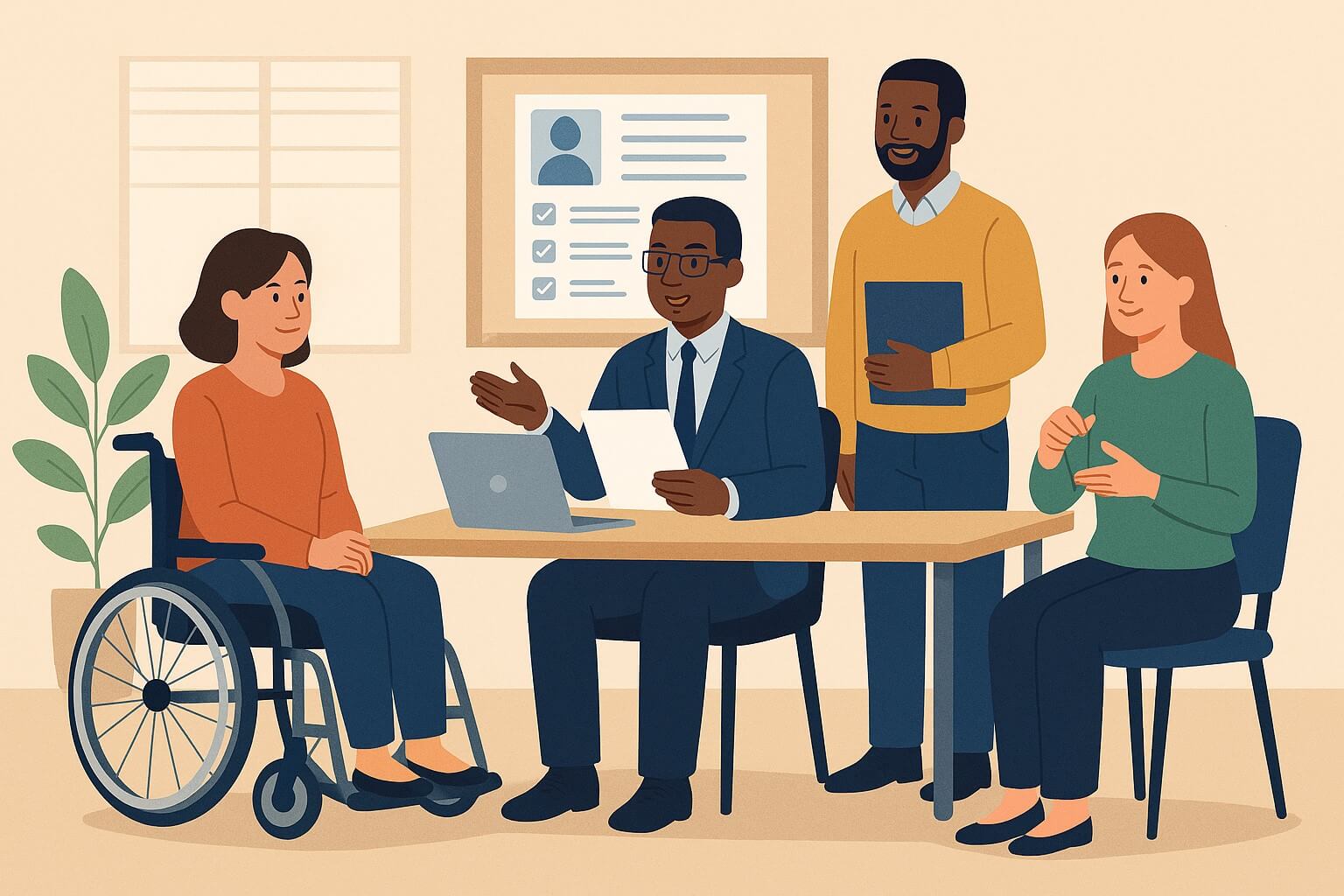 Inclusive Hiring A group of people seated around a table in an office setting, including one person using a wheelchair, engaged in a discussion with documents and a laptop.