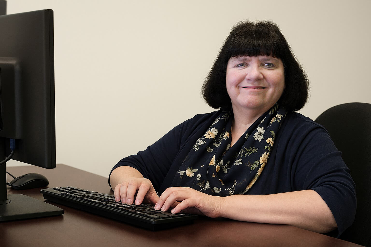 A person seated at a desk typing on a black keyboard in front of a computer monitor. The individual is wearing a dark long-sleeve top and a floral-patterned scarf. The background is a plain light-colored wall, and the desk surface is a dark wood tone