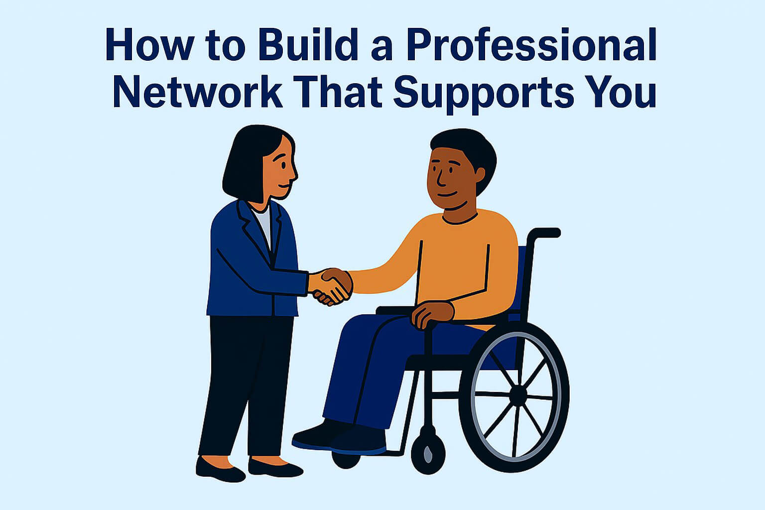 Two people shaking hands, one seated in a wheelchair and the other standing, with the text above reading ‘How to Build a Professional Network That Supports You’ on a light blue background."