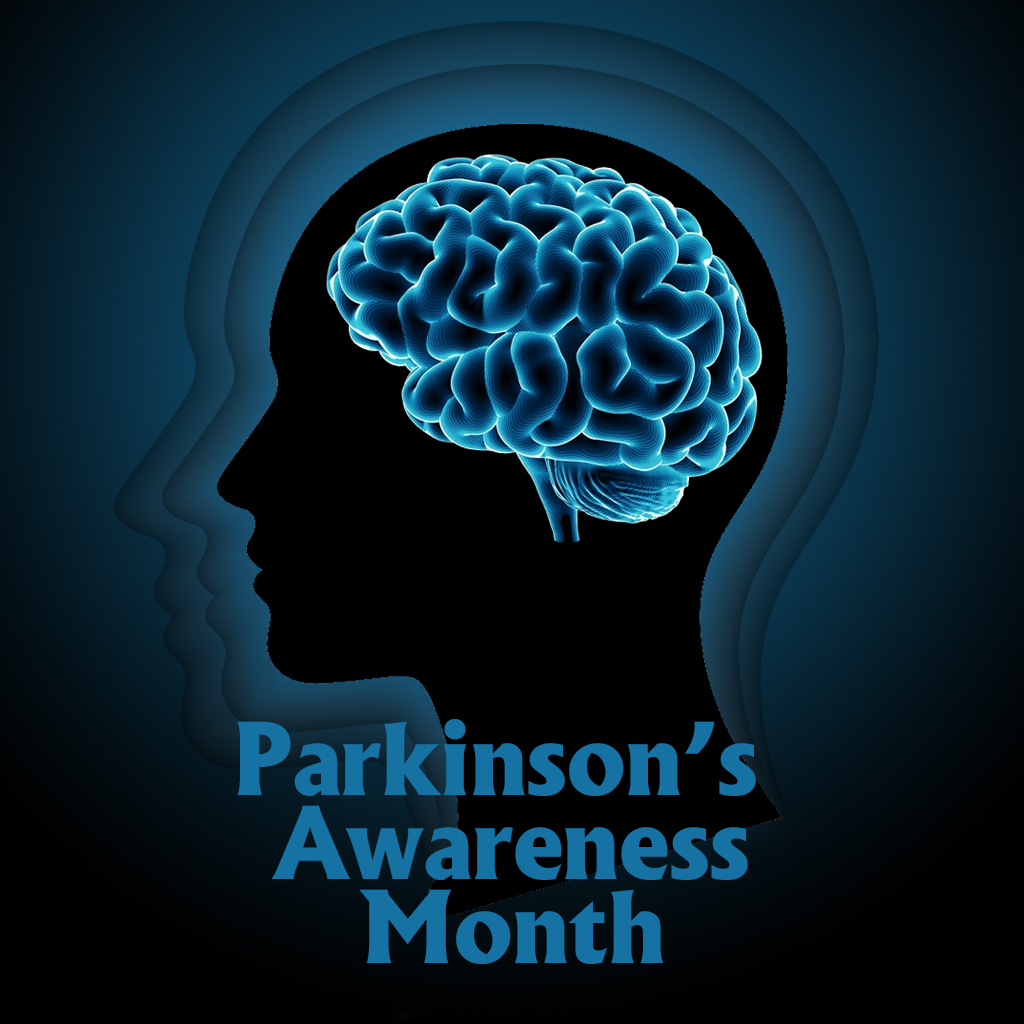 Stylized graphic of a human head silhouette with a glowing blue brain inside, set against layered dark blue profiles, with the text “Parkinson’s Awareness Month” below.