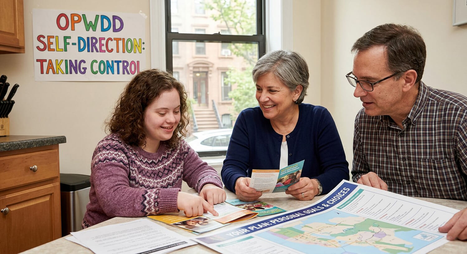 Three people sit around a table reviewing brochures and planning materials in an office setting. A colorful sign on the wall reads “OPWDD Self-Direction: Taking Control.” A large worksheet titled “Your Plan: Personal Goals & Choices” is spread across the 