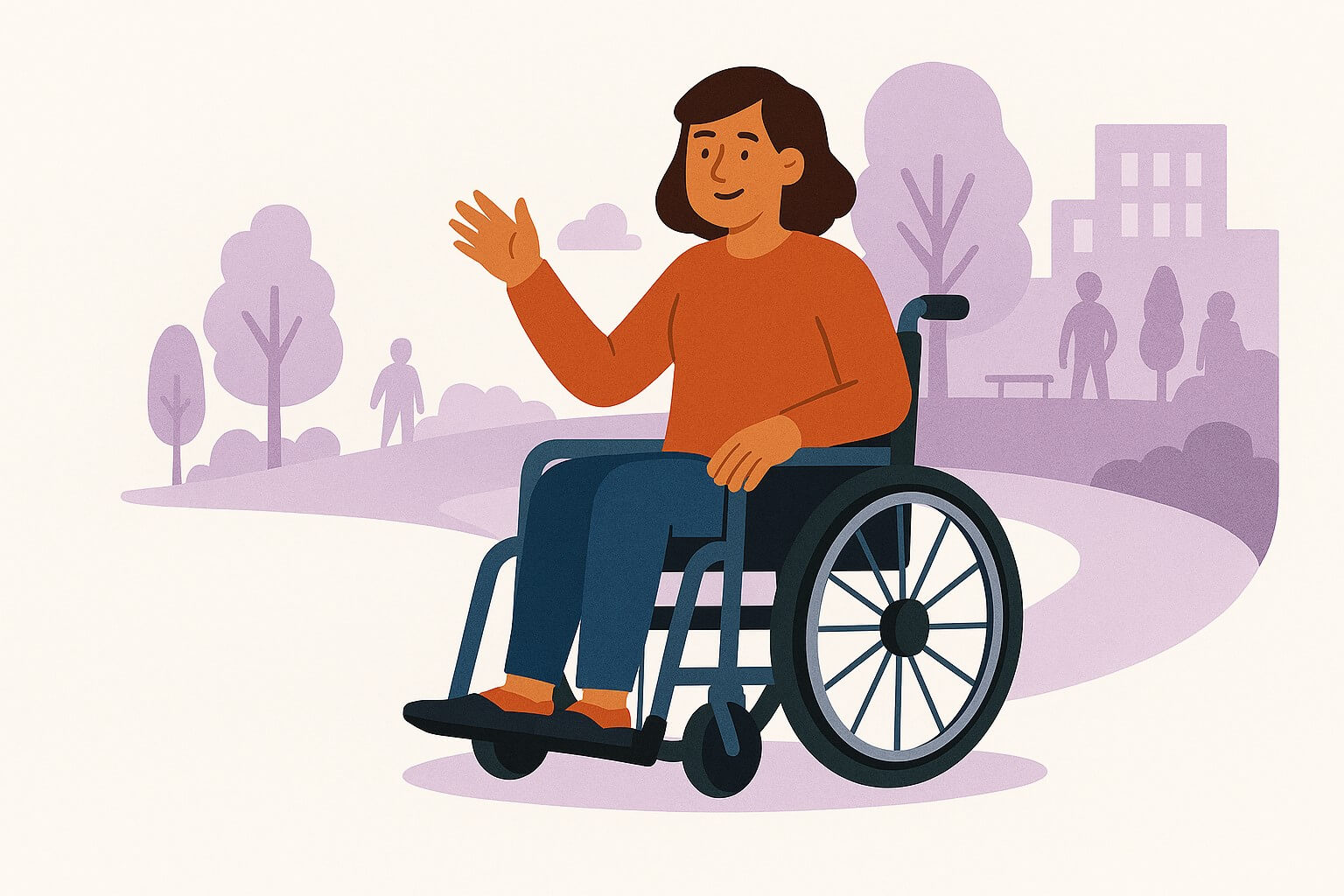 A person seated in a wheelchair outdoors, waving with one hand. The background features trees, bushes, and silhouettes of people walking, along with buildings in the distance.