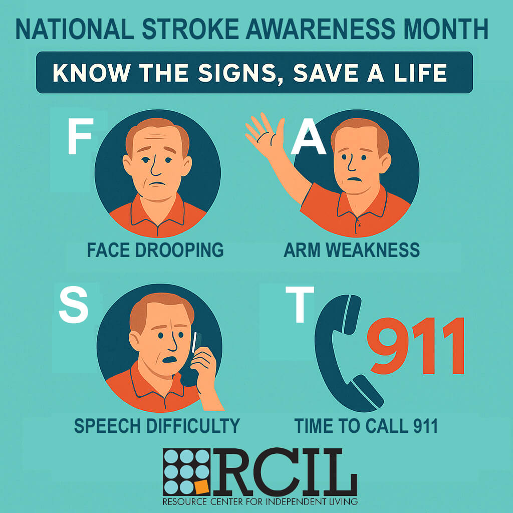 Graphic for National Stroke Awareness Month with the headline “Know the Signs, Save a Life.” The image illustrates the F.A.S.T. stroke warning signs: “F” shows face drooping, “A” shows arm weakness, “S” shows speech difficulty, and “T” emphasizes “Time to