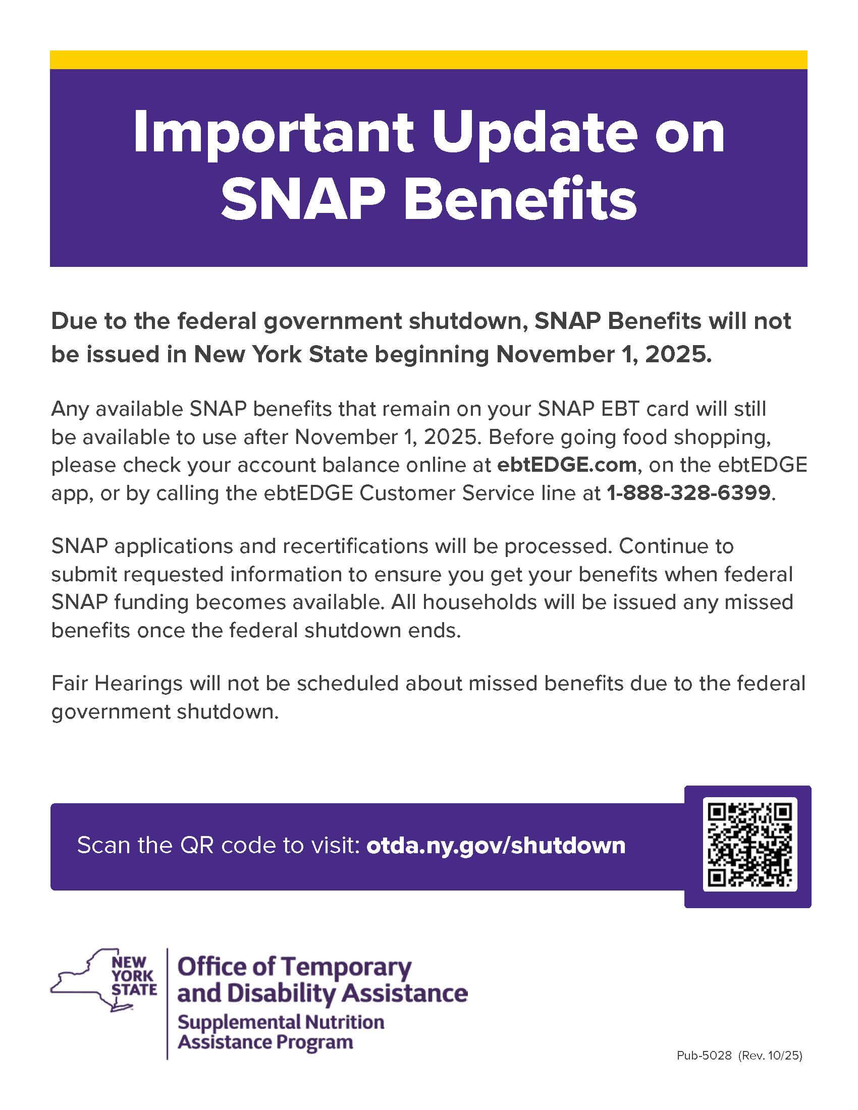 Update on SNAP Benefits A public notice from the New York State Office of Temporary and Disability Assistance about SNAP benefits. The headline reads “Important Update on SNAP Benefits.” The message explains that due to the federal government shutdown, SN