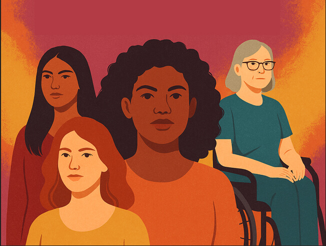 Illustrated image of four people shown from the shoulders up against a warm red‑to‑orange gradient background. One person is seated in a wheelchair, and the group represents different ages and appearances. The illustration is stylized with soft textures a