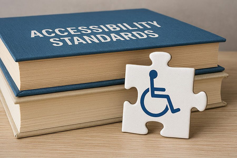 Two hardcover books stacked on a wooden surface, with the top book labeled “ACCESSIBILITY STANDARDS” in bold white text on a blue cover. In front of the books is a white puzzle piece featuring a blue wheelchair accessibility icon. This image represents AD