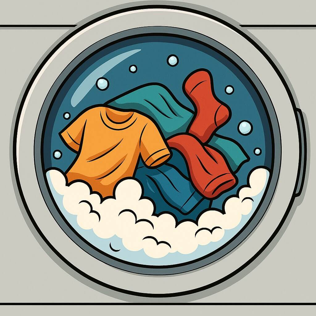 Cartoon-style view inside a washing machine with colorful clothes swirling in soapy water.