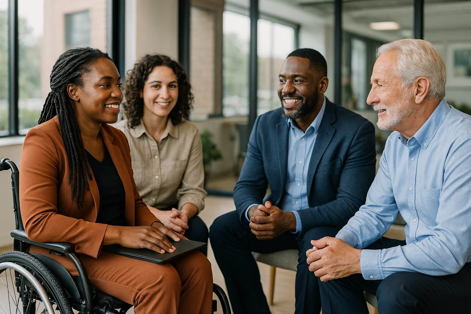 Four adults seated in a small group discussion in a bright office, one person using a wheelchair, others seated on chairs facing inward.