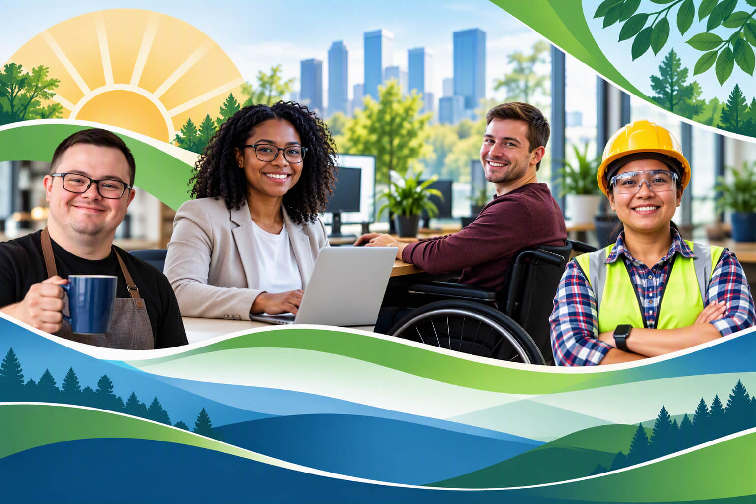 An inclusive workforce in a modern office setting. Four people from different professions are shown, including an office worker using a laptop, a wheelchair user at a desk, a construction worker wearing a hard hat and someone drinking coffee.