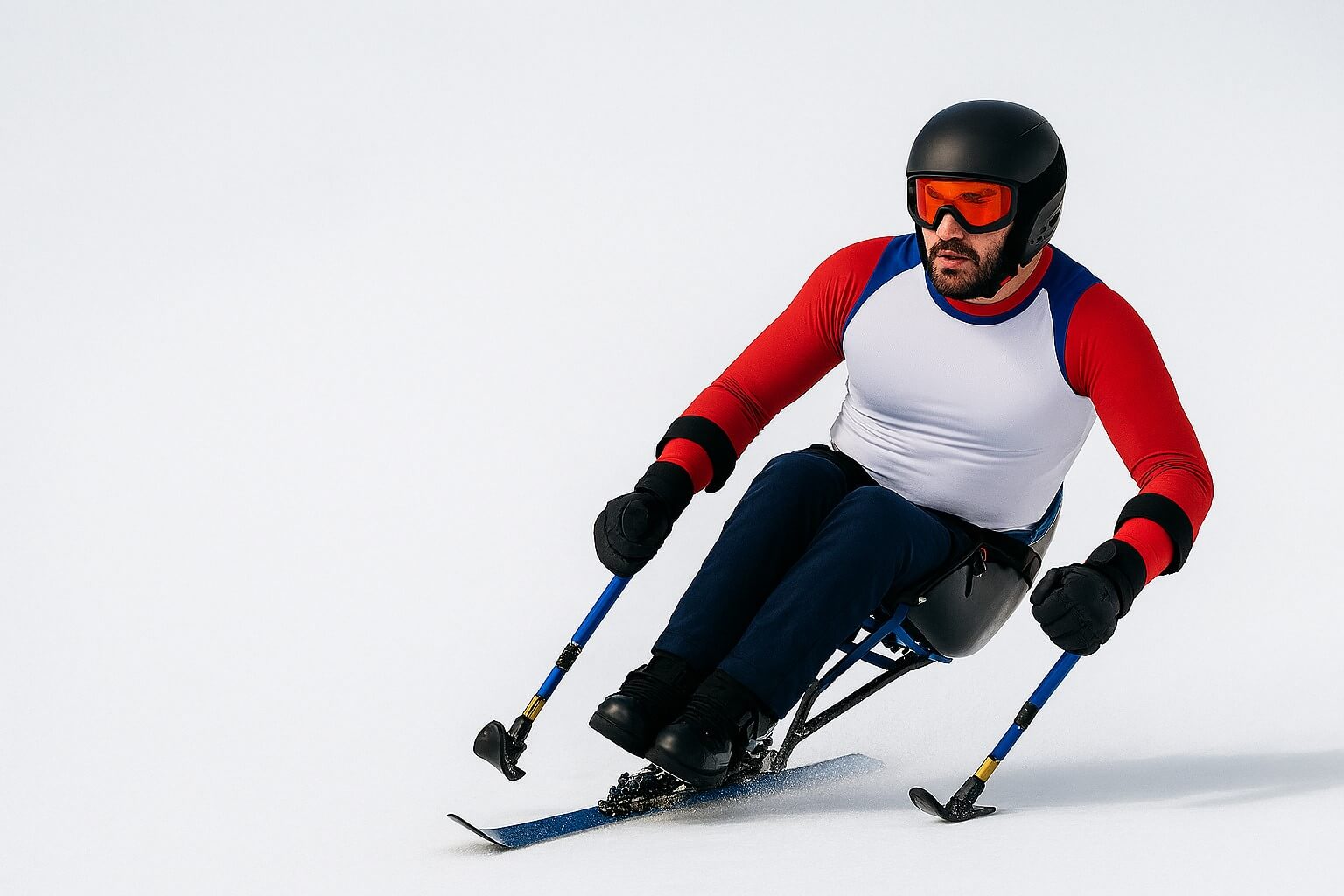 A person using a sit‑ski glides down a snowy slope, leaning into the turn while holding two outriggers for balance and control.
