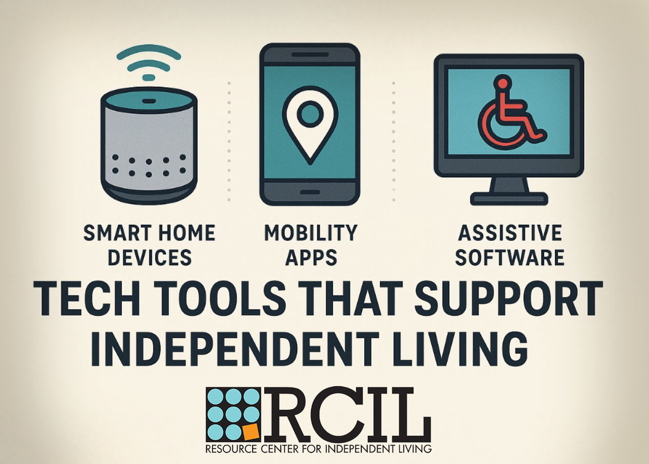 Graphic showing three technology categories that support independent living for people with disabilities: a smart speaker labeled “Smart Home Devices,” a smartphone icon labeled “Mobility Apps,” and a computer monitor with a wheelchair symbol labeled “Ass