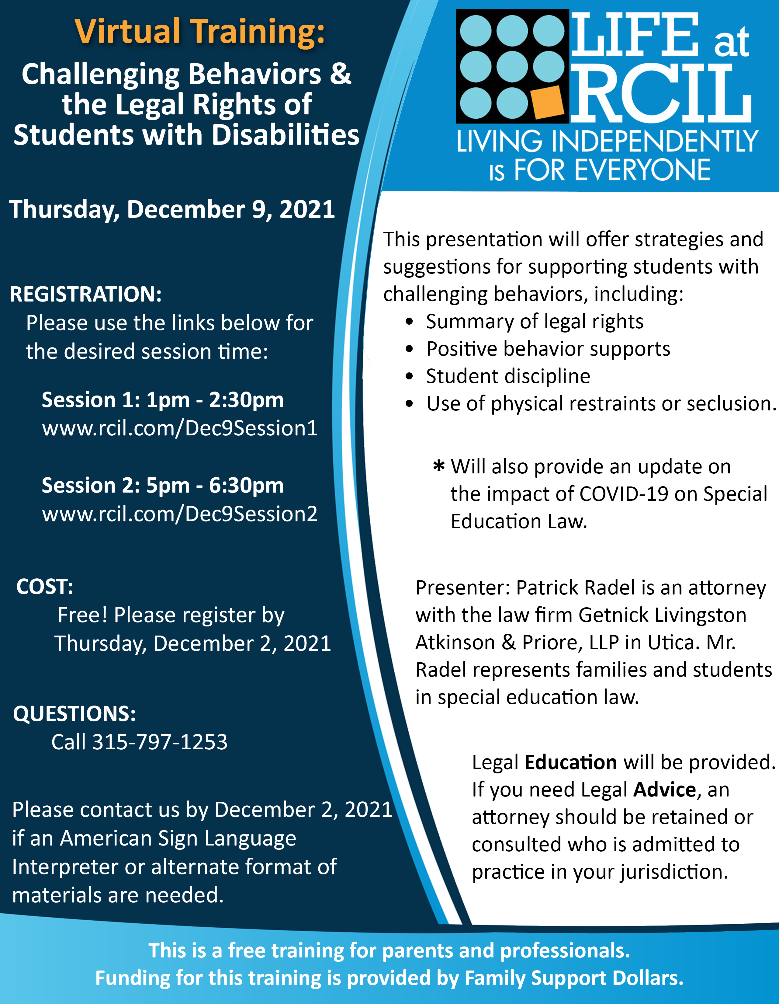 Flyer for Virtual Training - Challenging Behaviors & the Legal Rights of Students with Disabilities