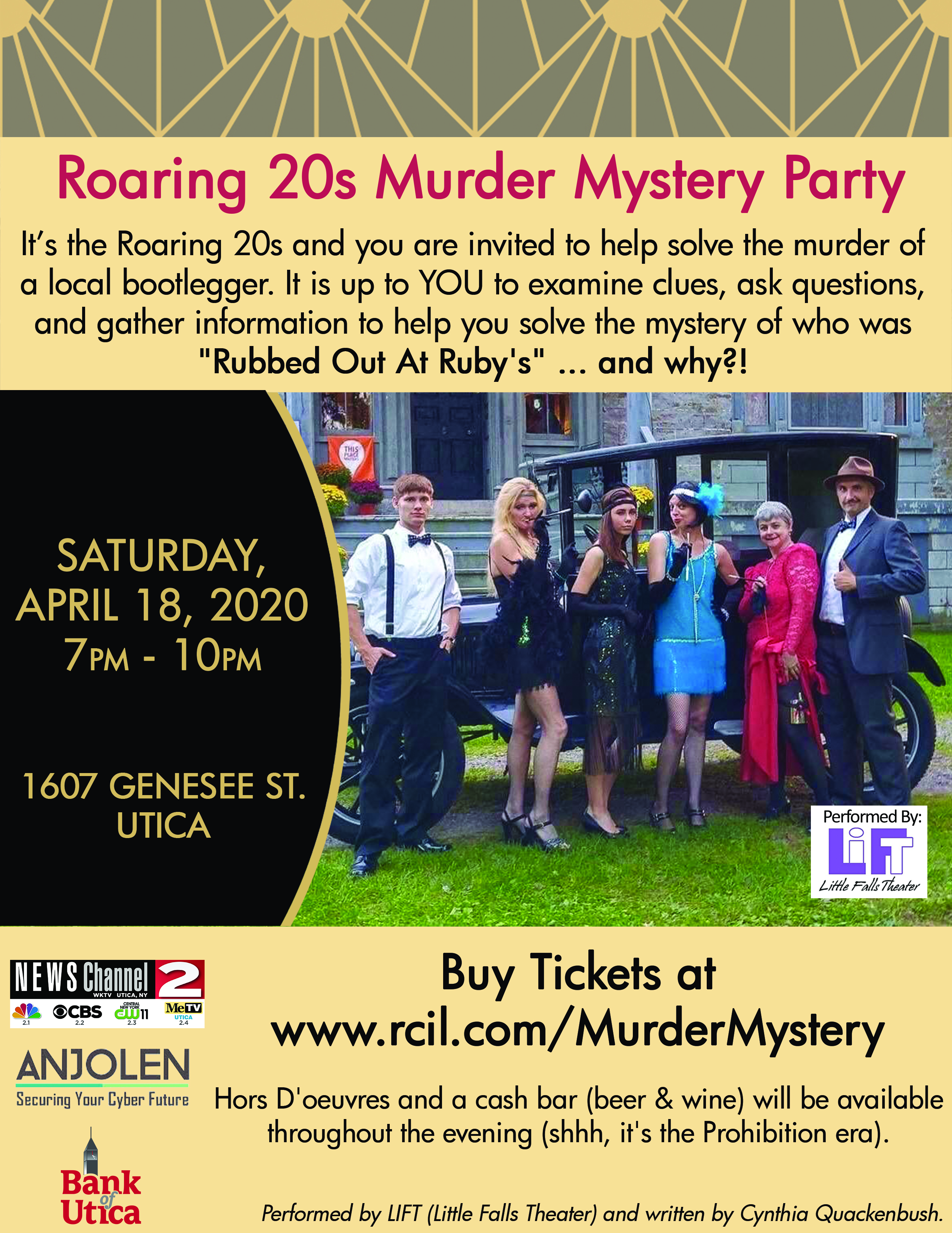 20s themed flyer promoting Murder Mystery Event